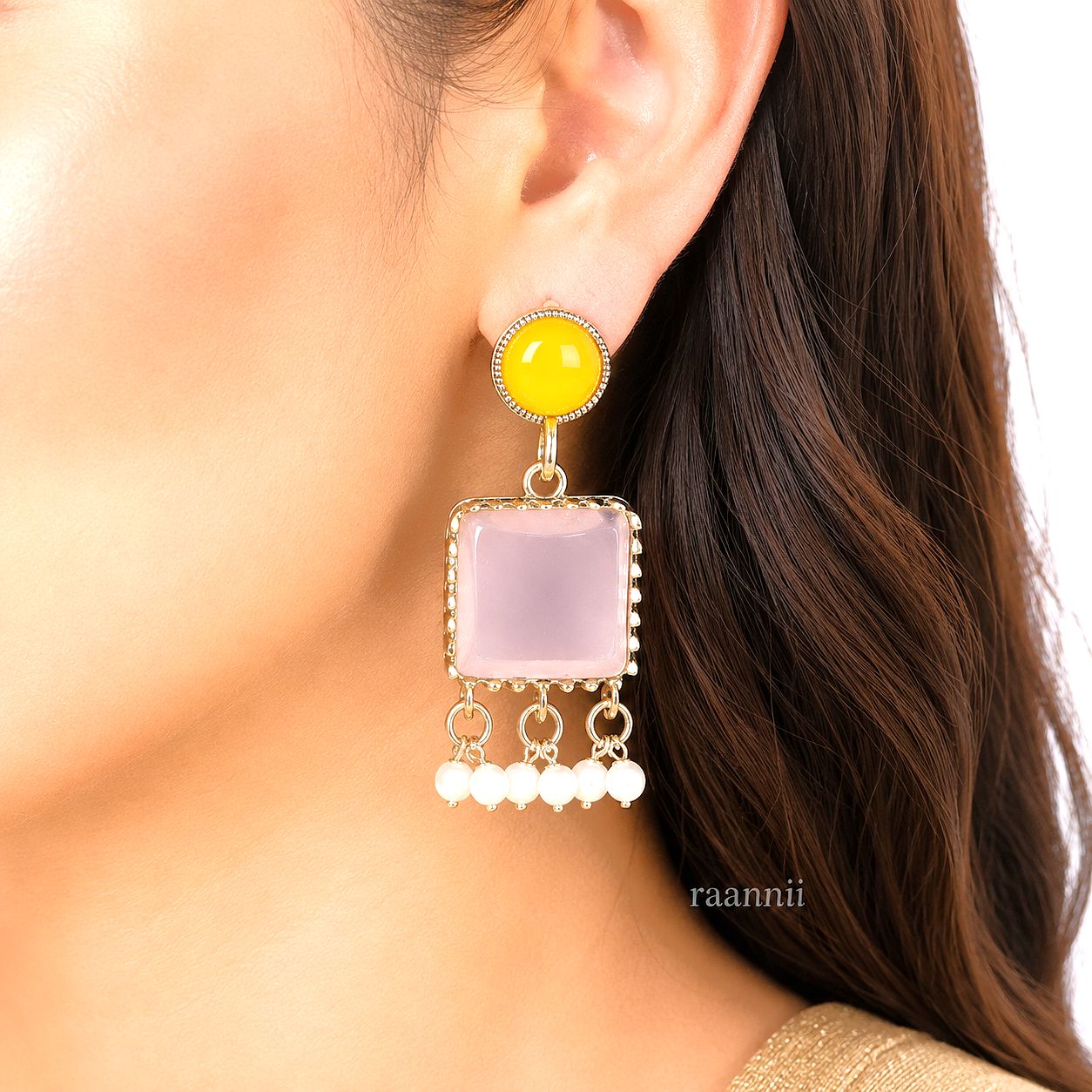 Raannii Earrings – Yellow & Pink Stone Elegant Dangler Earrings with Pearl Drops