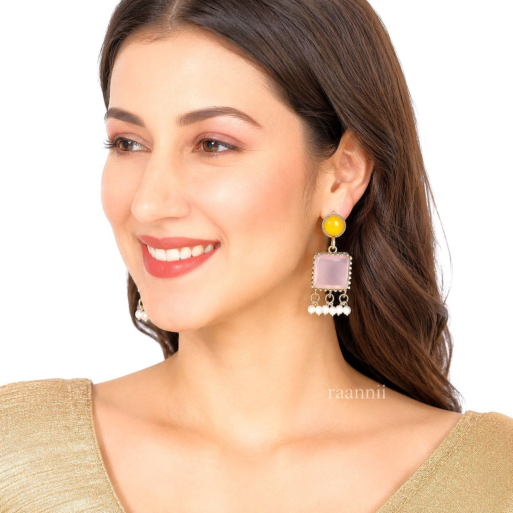 Raannii Earrings – Yellow & Pink Stone Elegant Dangler Earrings with Pearl Drops
