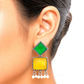 Raannii Earrings – Green & Yellow Stone Geometric Ethnic Dangler Earrings with Pearl Drops