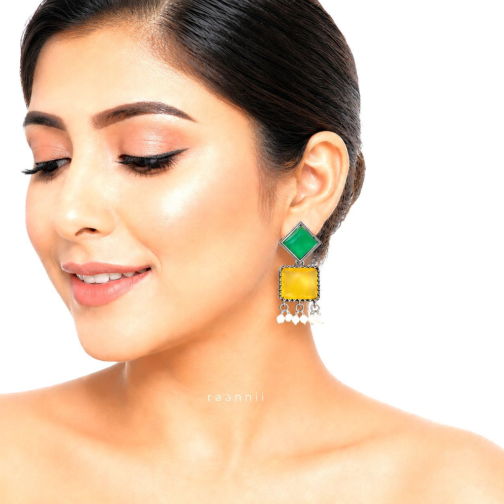 Raannii Earrings – Green & Yellow Stone Geometric Ethnic Dangler Earrings with Pearl Drops