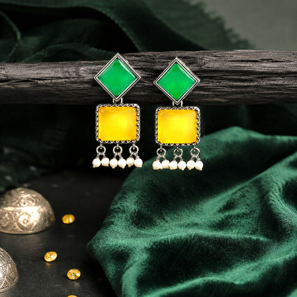 Raannii Earrings – Green & Yellow Stone Geometric Ethnic Dangler Earrings with Pearl Drops