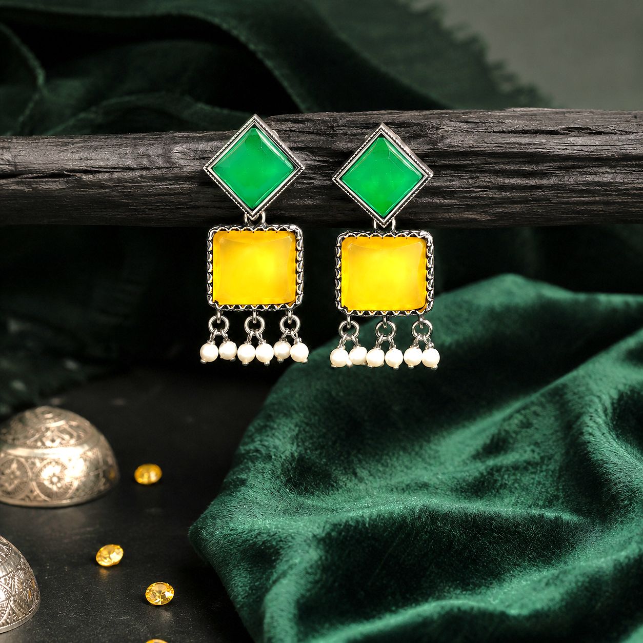 Raannii Earrings – Green & Yellow Stone Geometric Ethnic Dangler Earrings with Pearl Drops