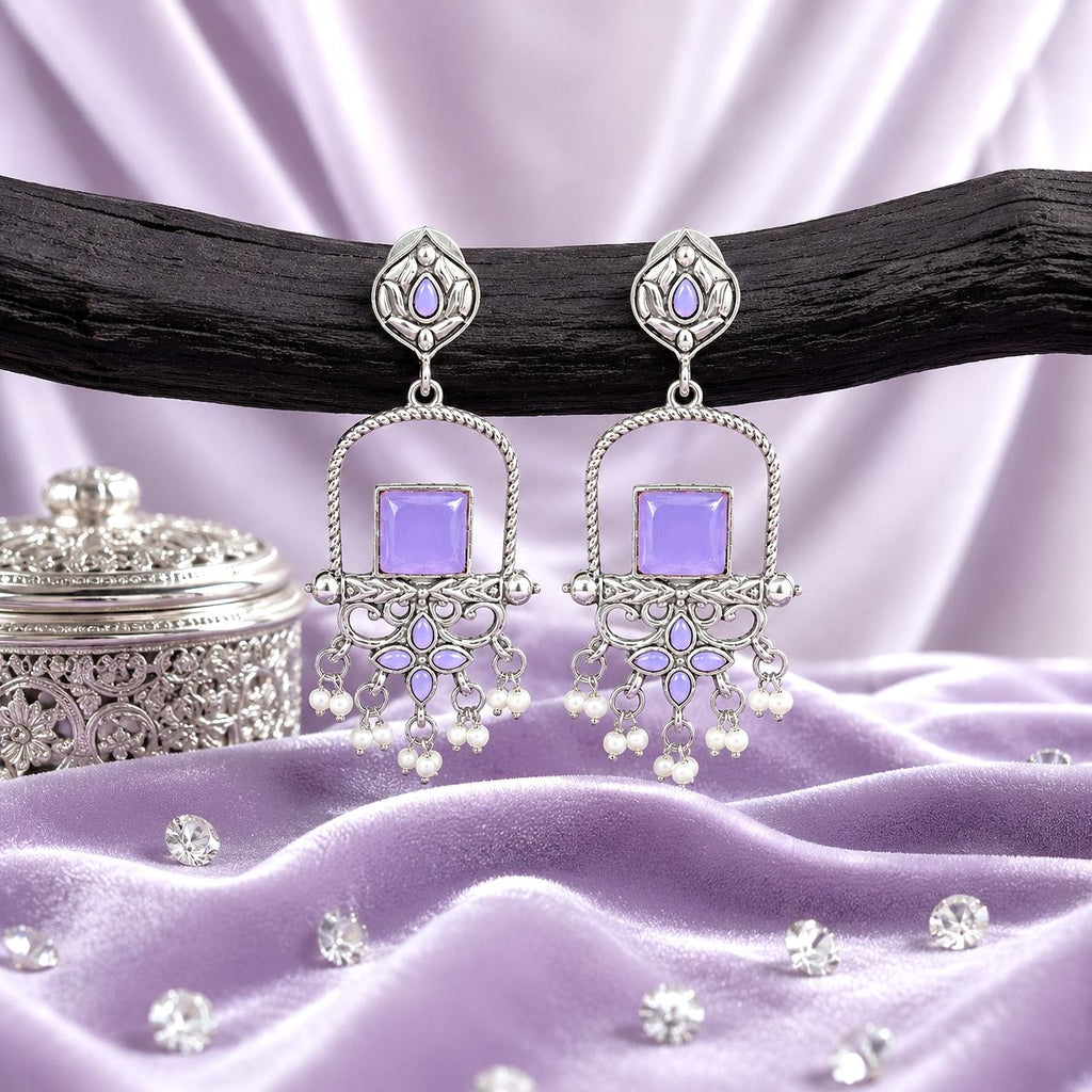 Raannii Earrings – Oxidised Purple Stone Traditional Ethnic Dangler Earrings with Pearl Drops