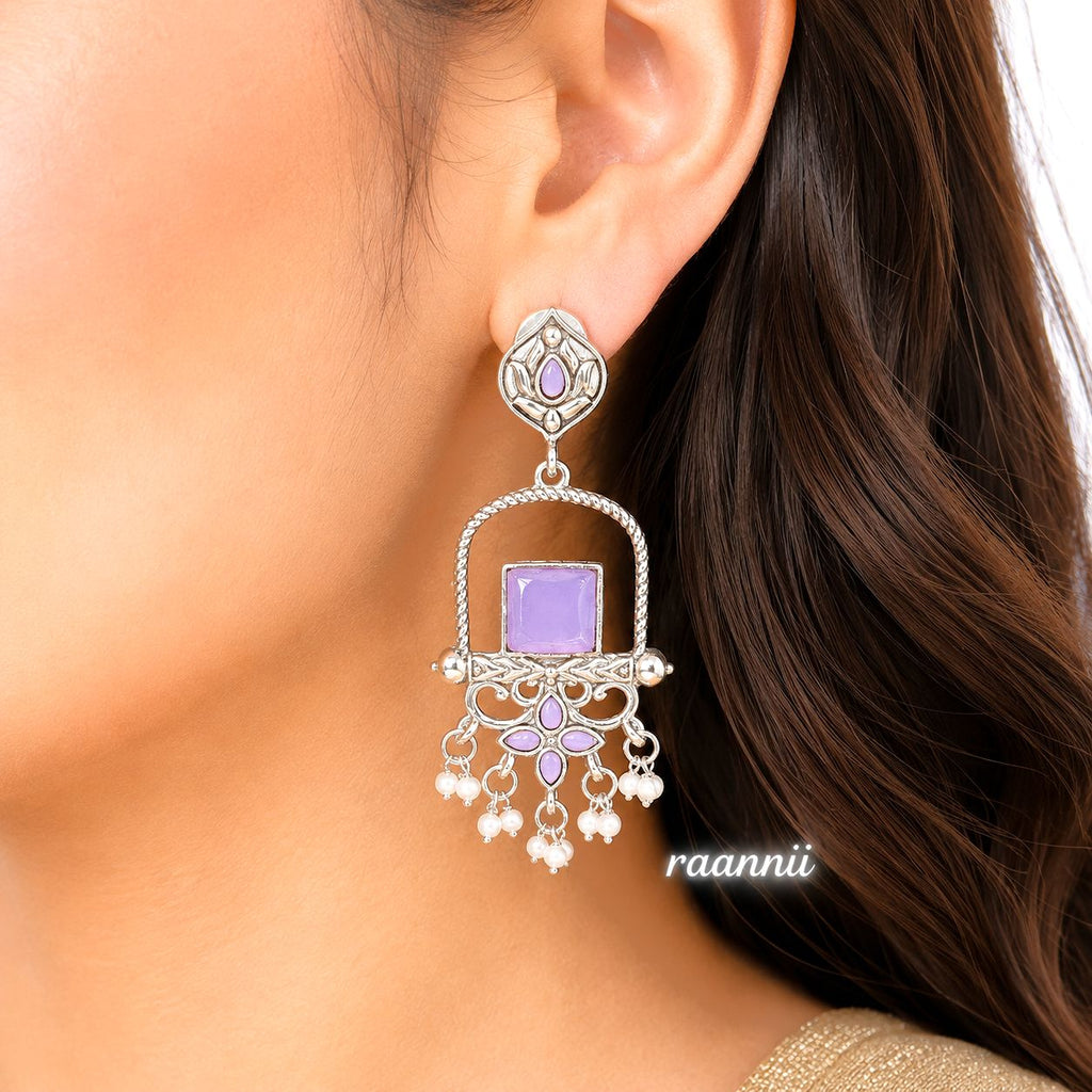 Raannii Earrings – Oxidised Purple Stone Traditional Ethnic Dangler Earrings with Pearl Drops