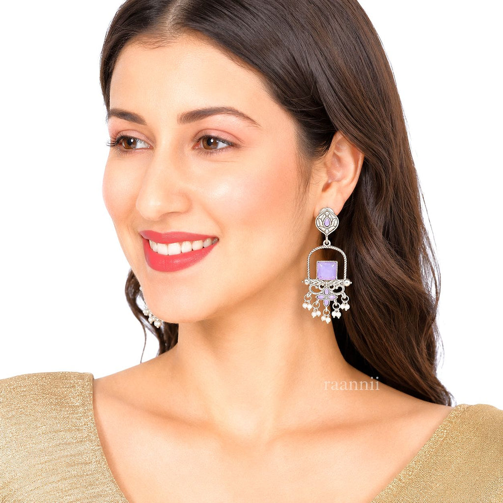 Raannii Earrings – Oxidised Purple Stone Traditional Ethnic Dangler Earrings with Pearl Drops