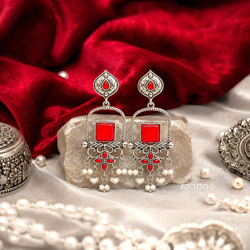 Raannii Earrings – Oxidised Red Stone Traditional Ethnic Dangler Earrings with Pearl Drops