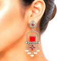 Raannii Earrings – Oxidised Red Stone Traditional Ethnic Dangler Earrings with Pearl Drops