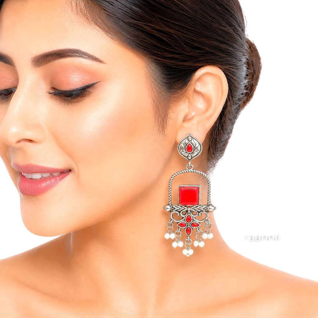 Raannii Earrings – Oxidised Red Stone Traditional Ethnic Dangler Earrings with Pearl Drops