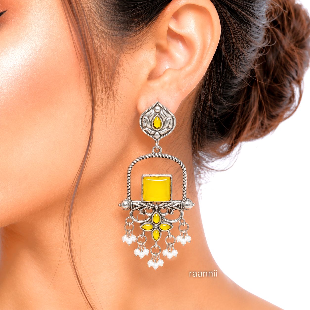 Raannii Yellow Stone Oxidised Earrings | Ethnic Dangler for Women