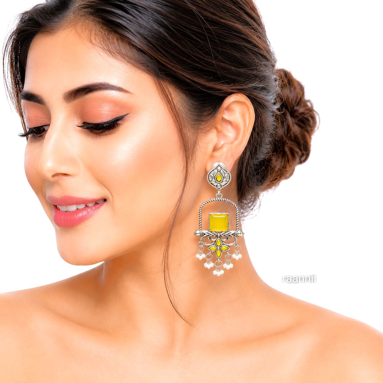 Raannii Yellow Stone Oxidised Earrings | Ethnic Dangler for Women