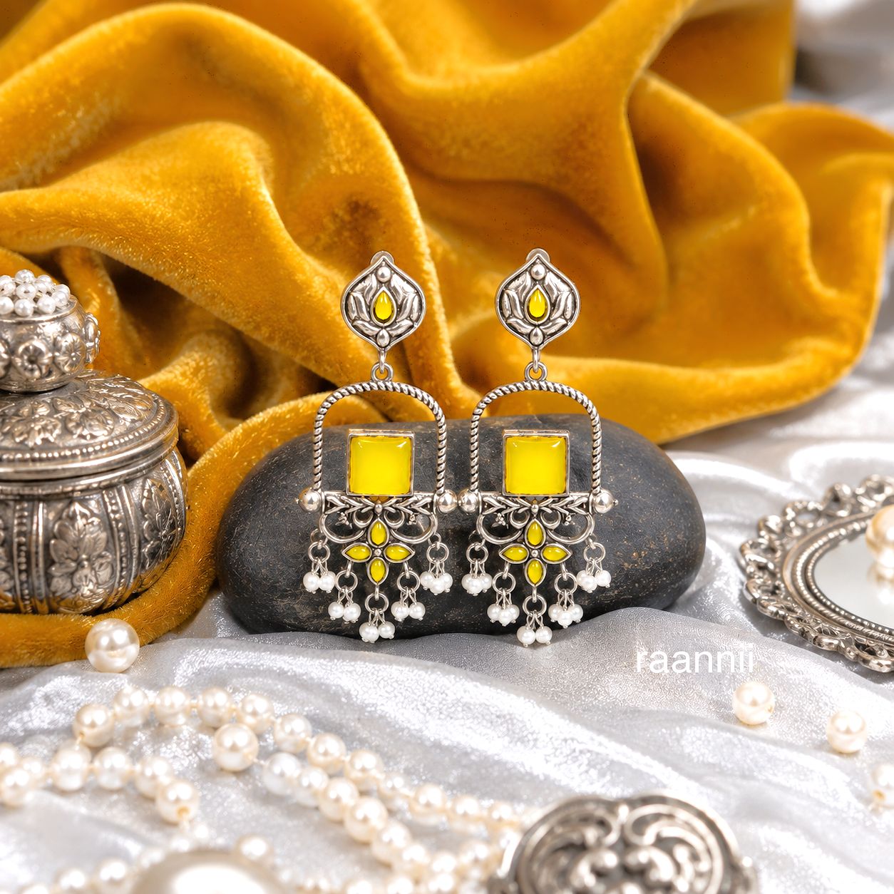 Raannii Yellow Stone Oxidised Earrings | Ethnic Dangler for Women
