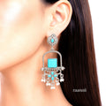 Raannii Earrings – Oxidised Sky Blue Stone Traditional Ethnic Dangler Earrings with Pearl Drops