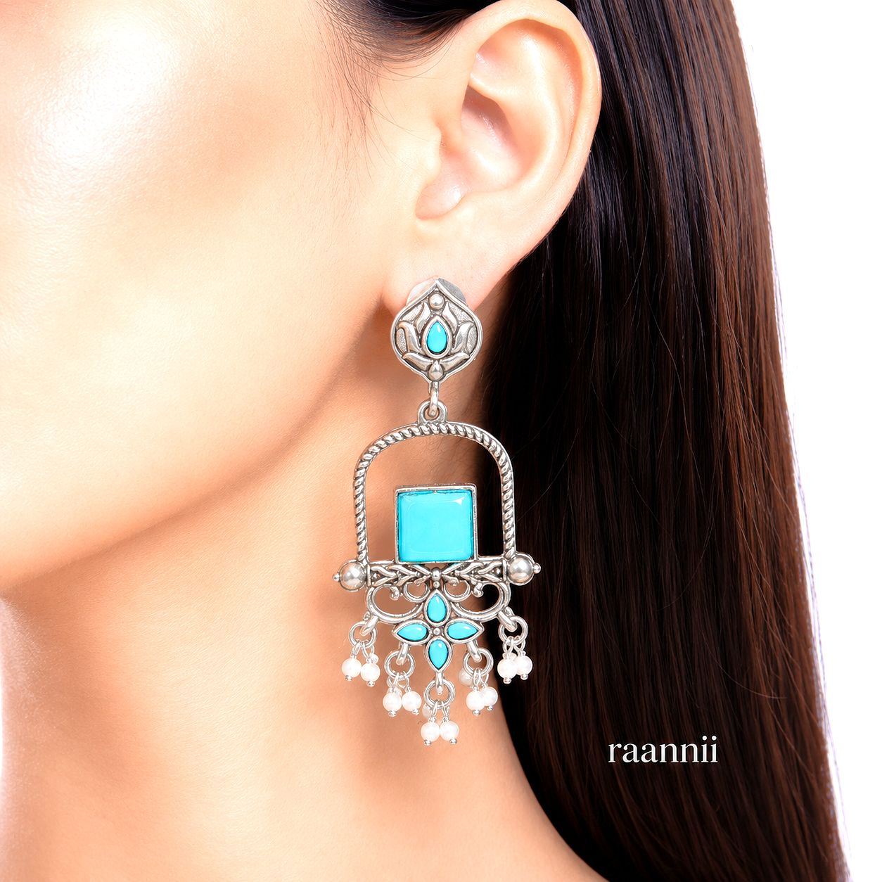Raannii Earrings – Oxidised Sky Blue Stone Traditional Ethnic Dangler Earrings with Pearl Drops