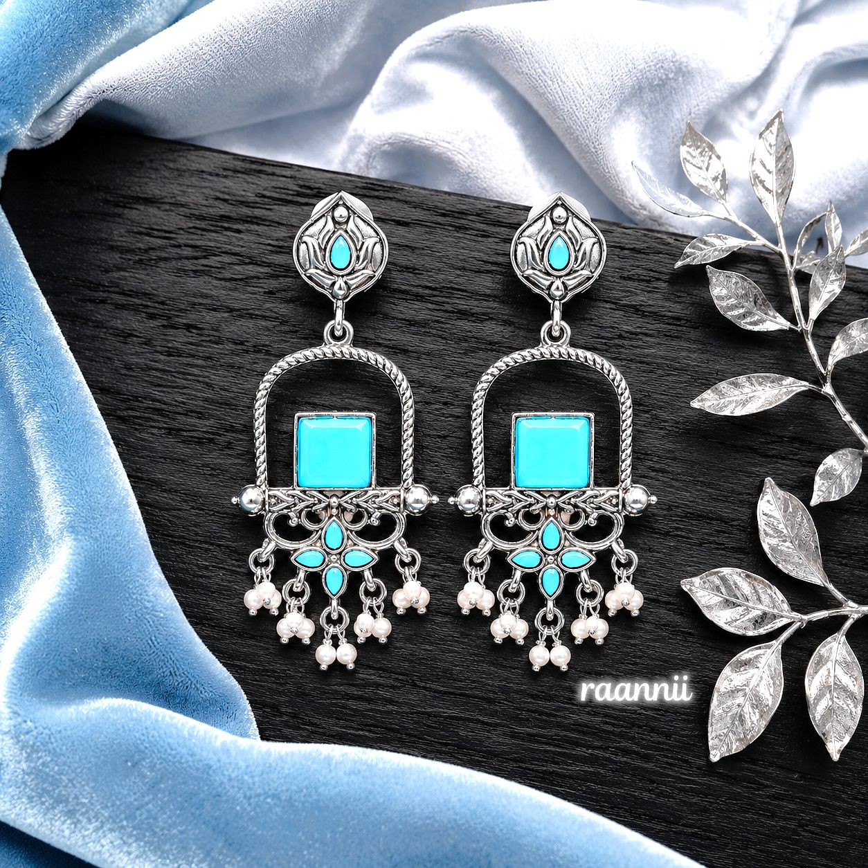 Raannii Earrings – Oxidised Sky Blue Stone Traditional Ethnic Dangler Earrings with Pearl Drops
