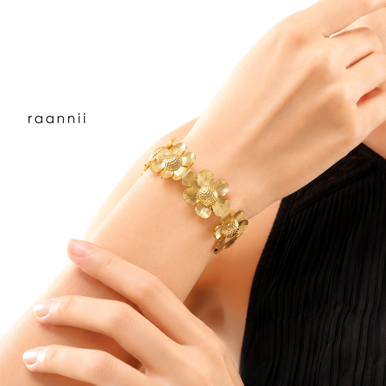 Raannii Bracelet – Gold Plated Floral Design Adjustable Statement Bracelet for Women