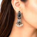 Raannii Earrings - Black Stone Oxidised Pearl Drop Earrings for Women