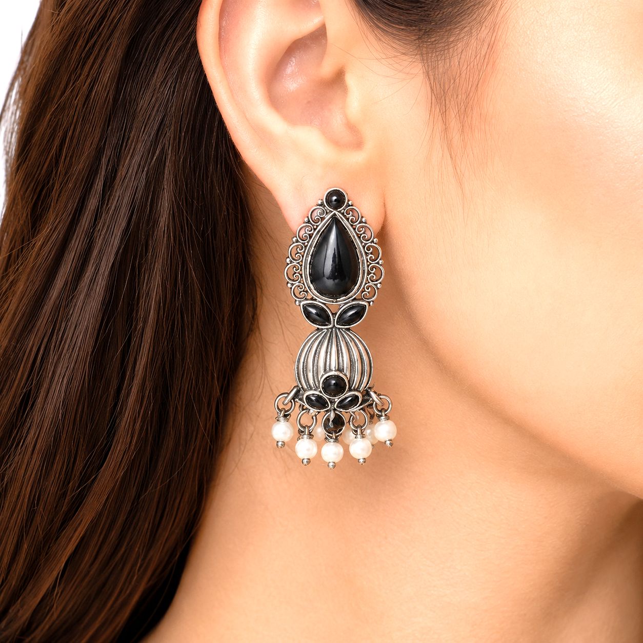 Raannii Earrings - Black Stone Oxidised Pearl Drop Earrings for Women