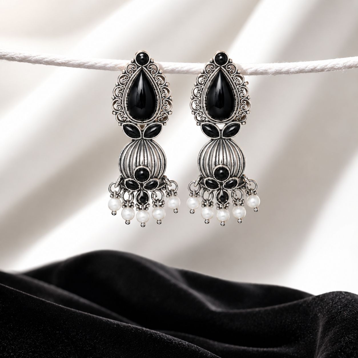 Raannii Earrings - Black Stone Oxidised Pearl Drop Earrings for Women