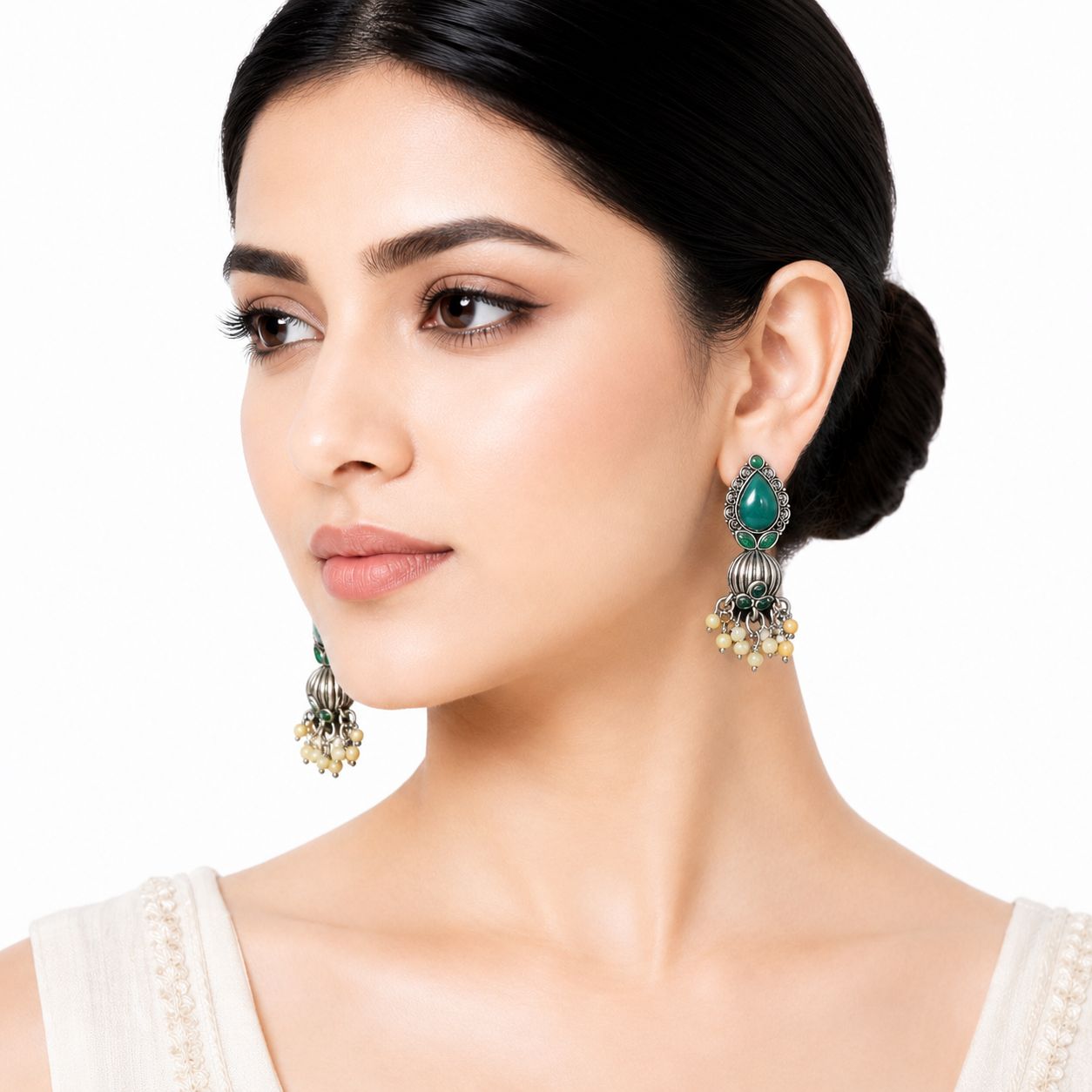 Raannii Earrings - Green Stone Oxidised Pearl Drop Earrings for Women