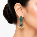Raannii Earrings - Green Stone Oxidised Pearl Drop Earrings for Women