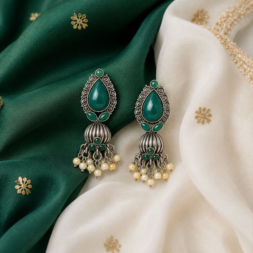 Raannii Earrings - Green Stone Oxidised Pearl Drop Earrings for Women