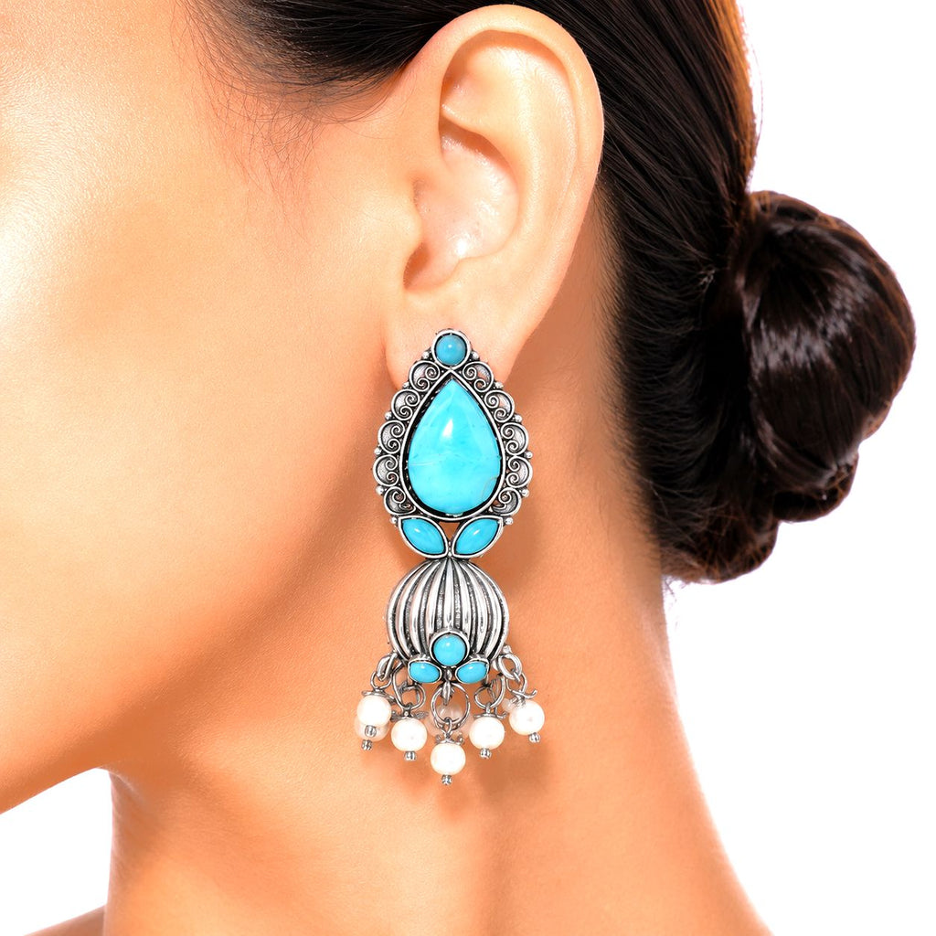 Raannii Earrings- Sky Blue Stone Oxidised Pearl Drop Earrings for Women
