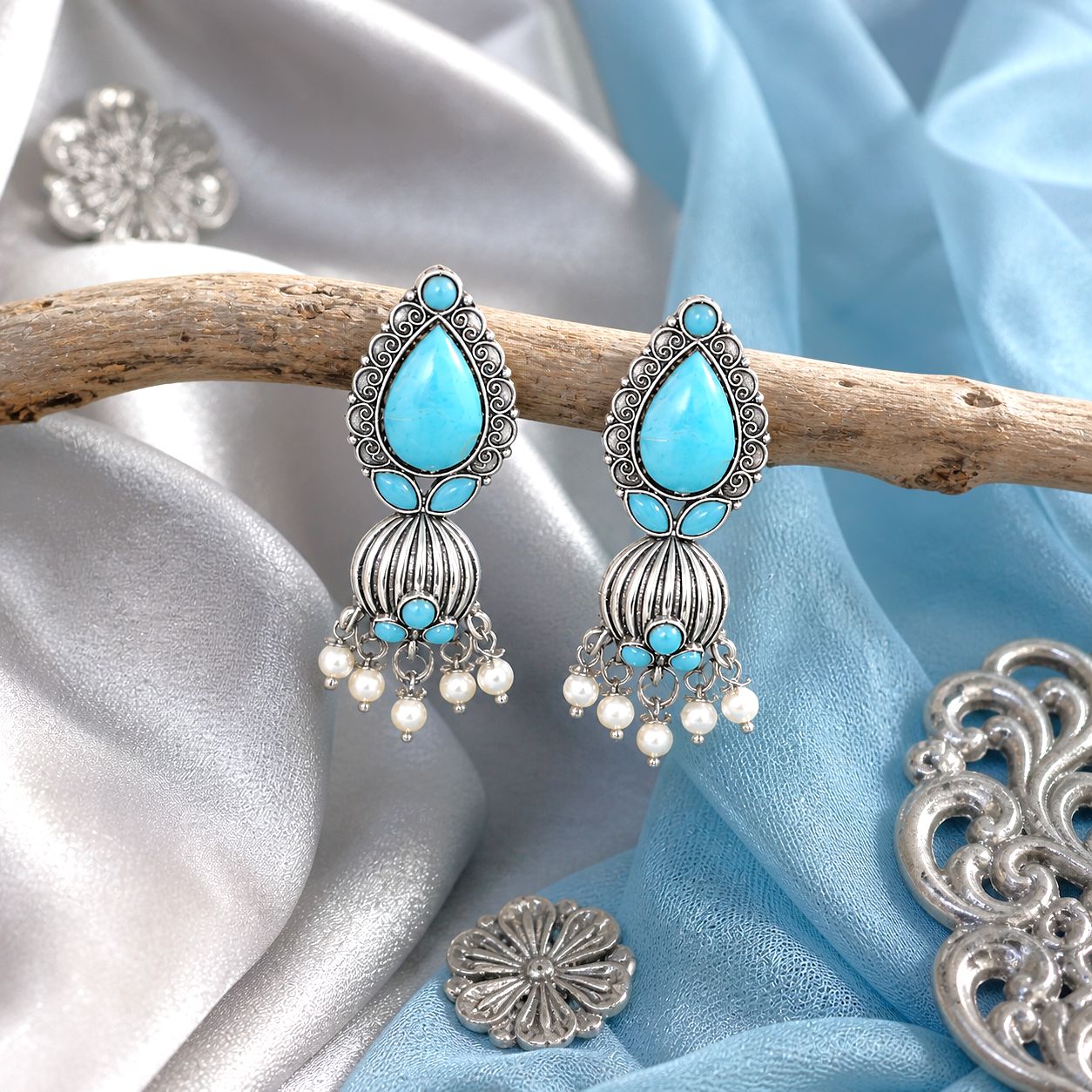 Raannii Earrings- Sky Blue Stone Oxidised Pearl Drop Earrings for Women