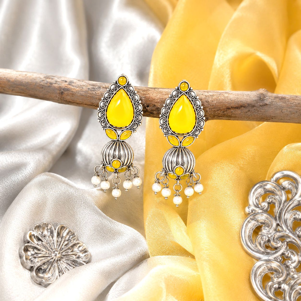 Raannii Earrings - Yellow Stone Oxidised Pearl Drop Earrings for Women