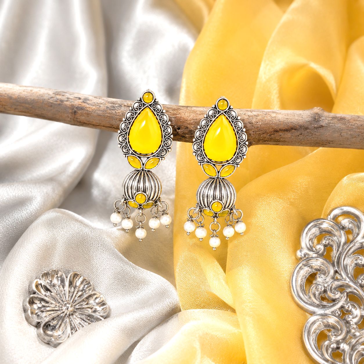 Raannii Earrings - Yellow Stone Oxidised Pearl Drop Earrings for Women