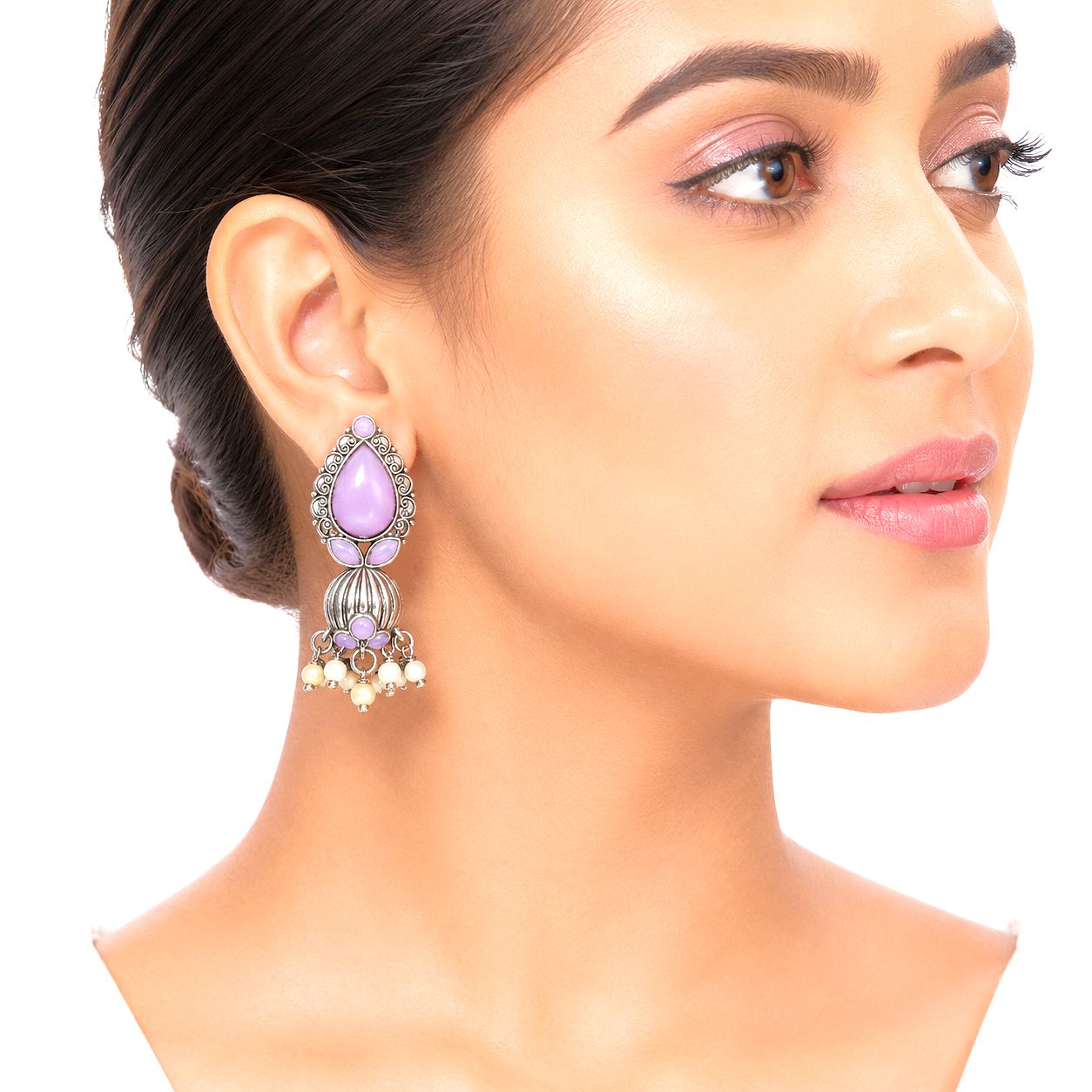 Raannii Earrings - Light Purple Stone Oxidised Pearl Drop Earrings for Women