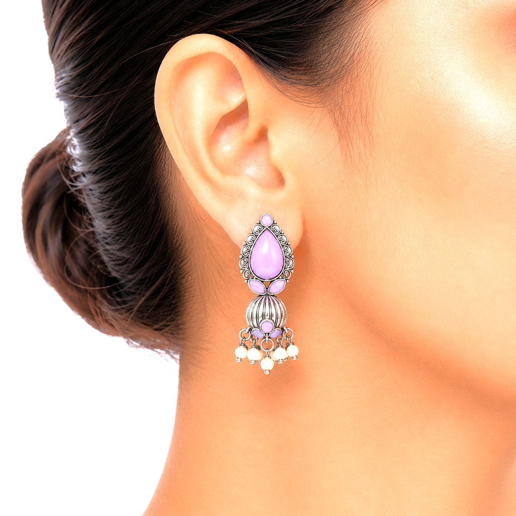 Raannii Earrings - Light Purple Stone Oxidised Pearl Drop Earrings for Women