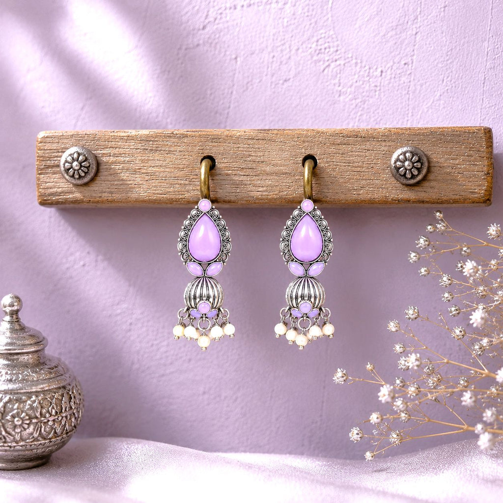 Raannii Earrings - Light Purple Stone Oxidised Pearl Drop Earrings for Women
