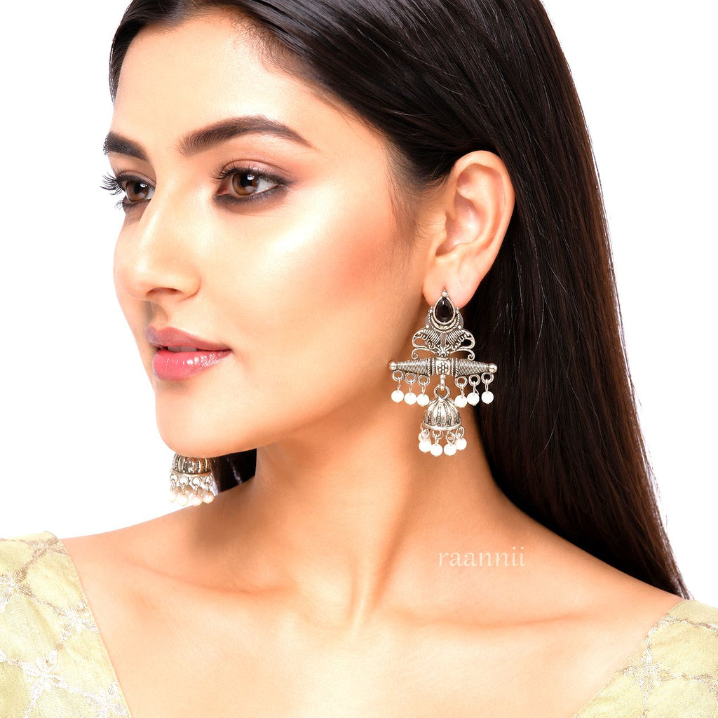 Raannii Earrings - Black Stone Oxidised Jhumka Pearl Drop Earrings for Women