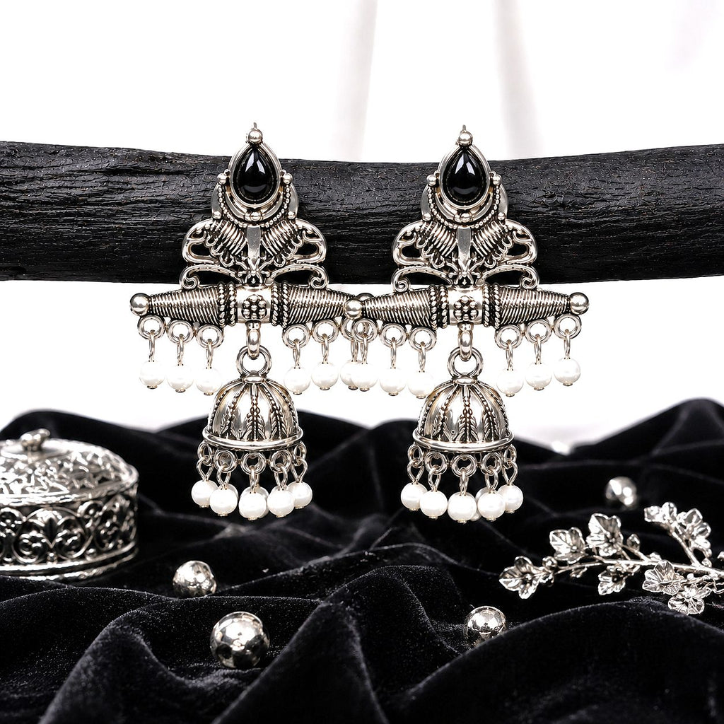 Raannii Earrings - Black Stone Oxidised Jhumka Pearl Drop Earrings for Women