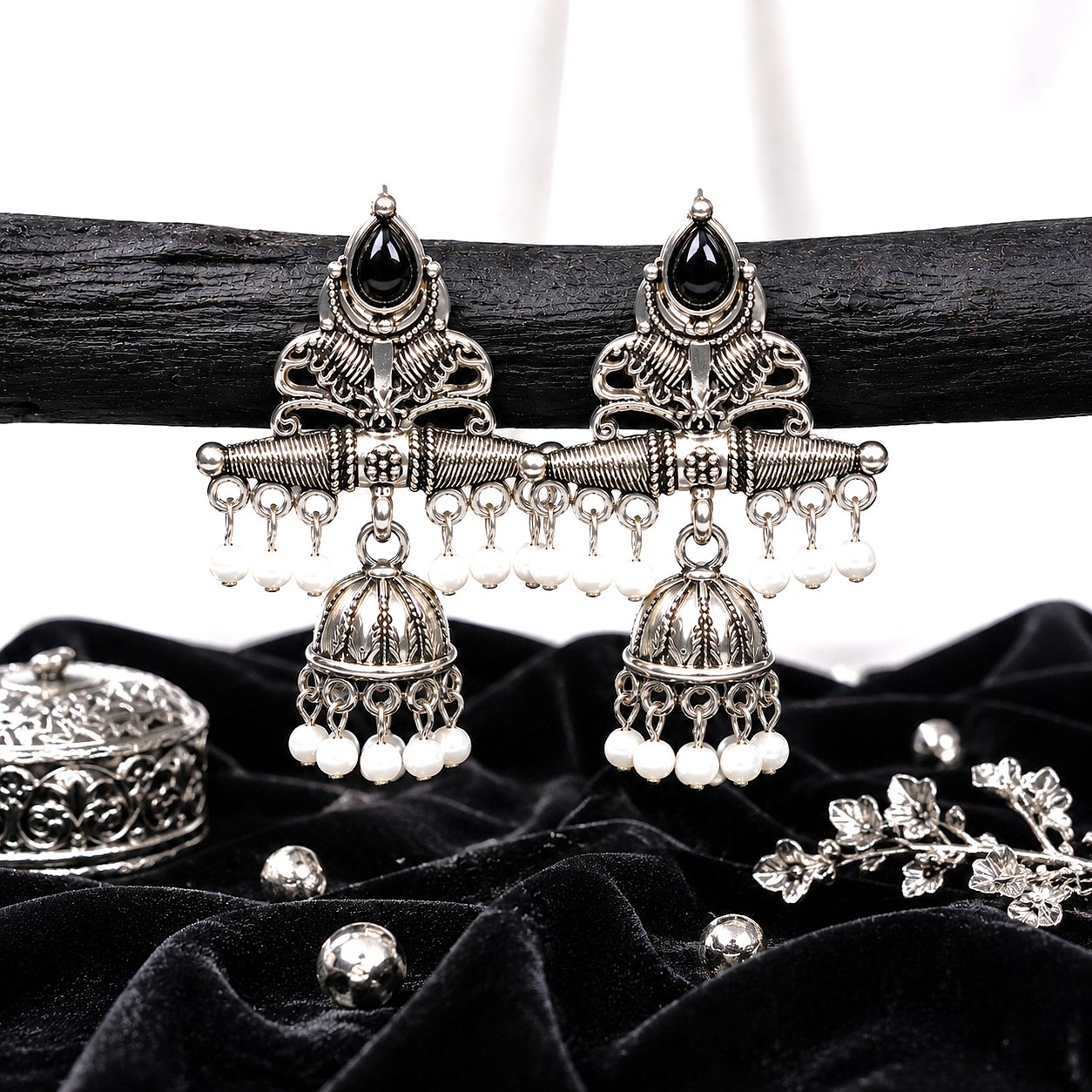 Raannii Earrings - Black Stone Oxidised Jhumka Pearl Drop Earrings for Women