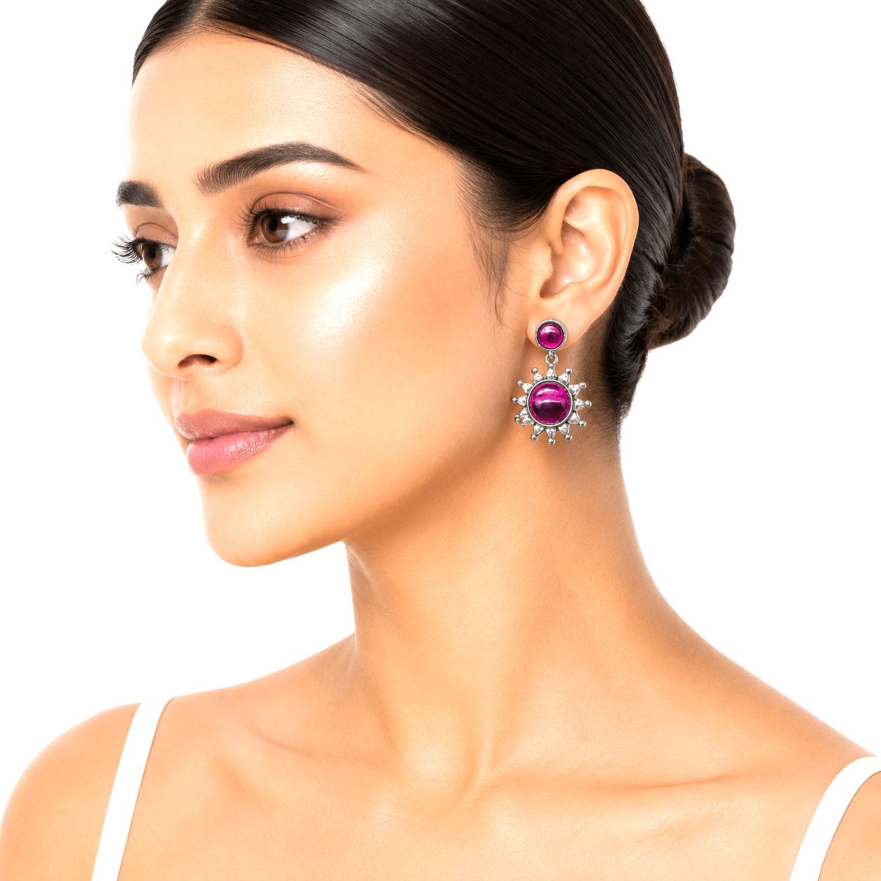Raannii Earrings - Magenta Stone Sun Design Drop Earrings for Women