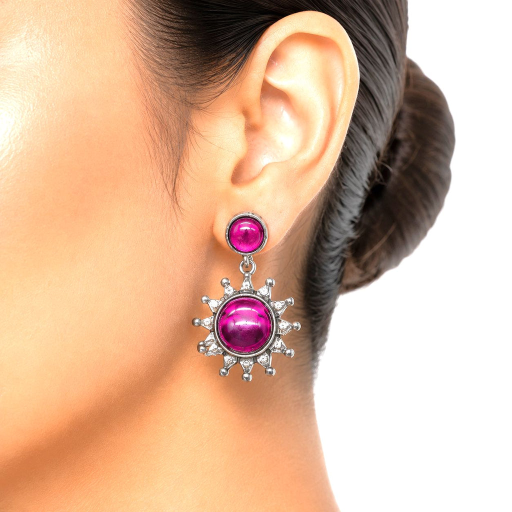 Raannii Earrings - Magenta Stone Sun Design Drop Earrings for Women