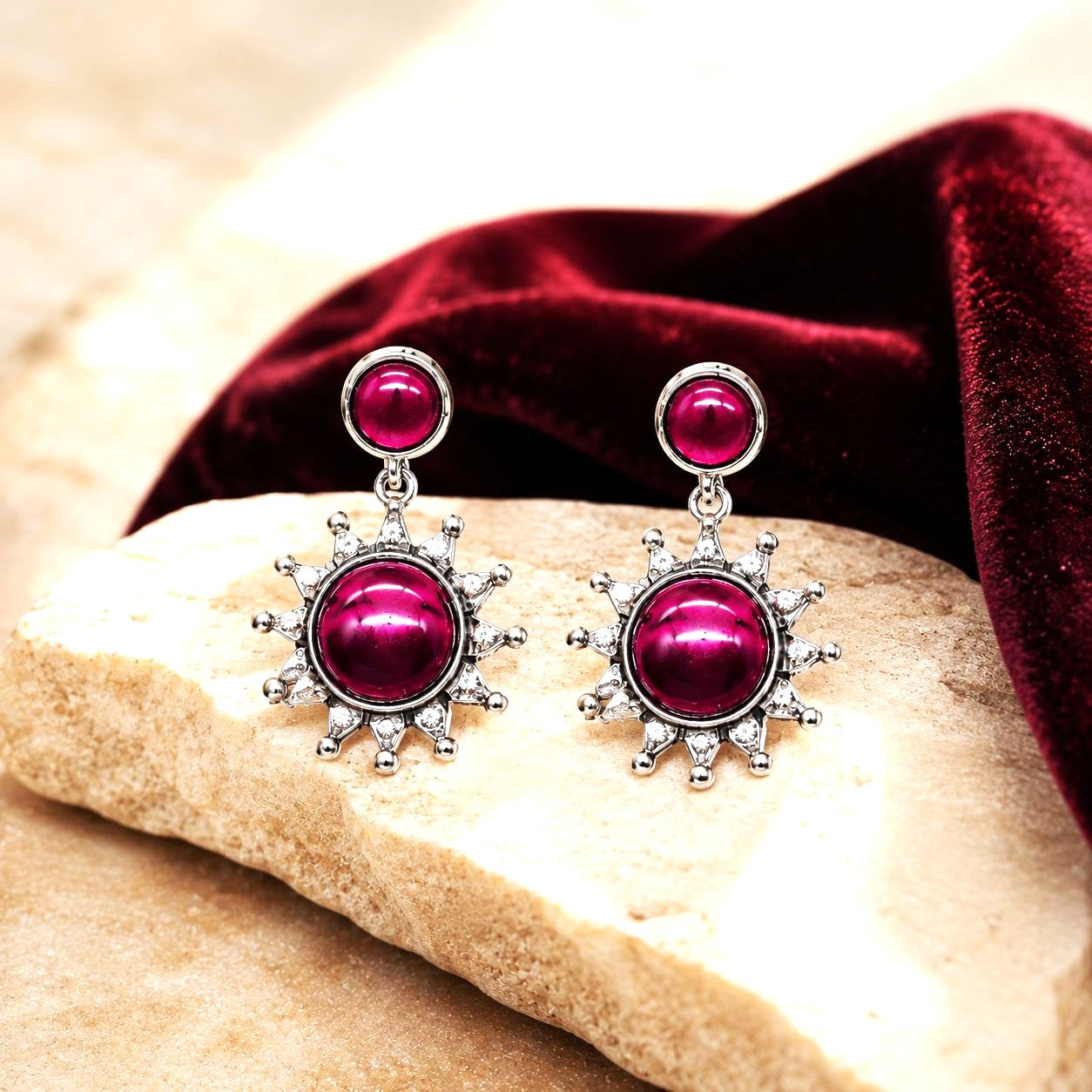 Raannii Earrings - Magenta Stone Sun Design Drop Earrings for Women