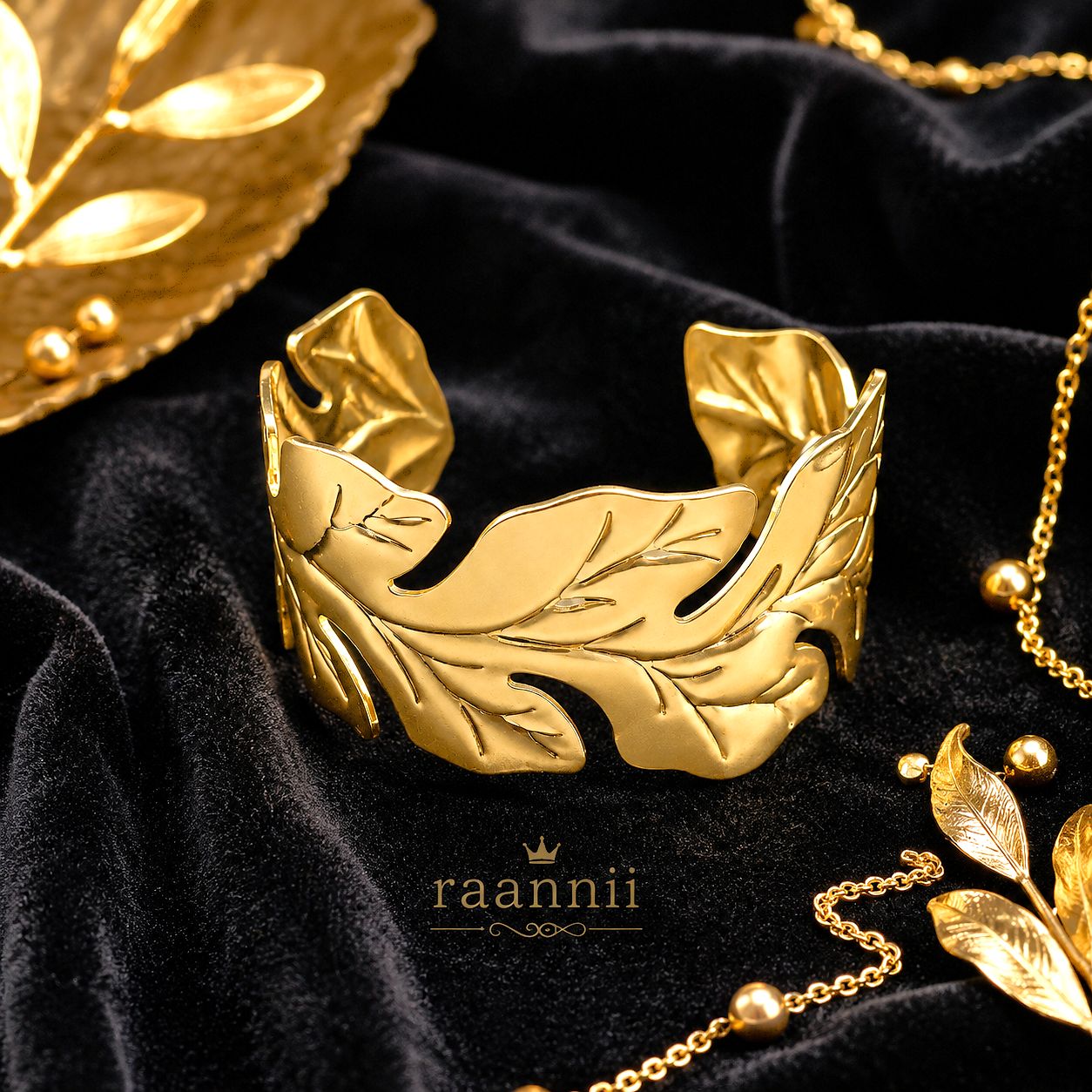 Raannii Bracelet- Gold Plated Leaf Design Cuff Bracelet for Women
