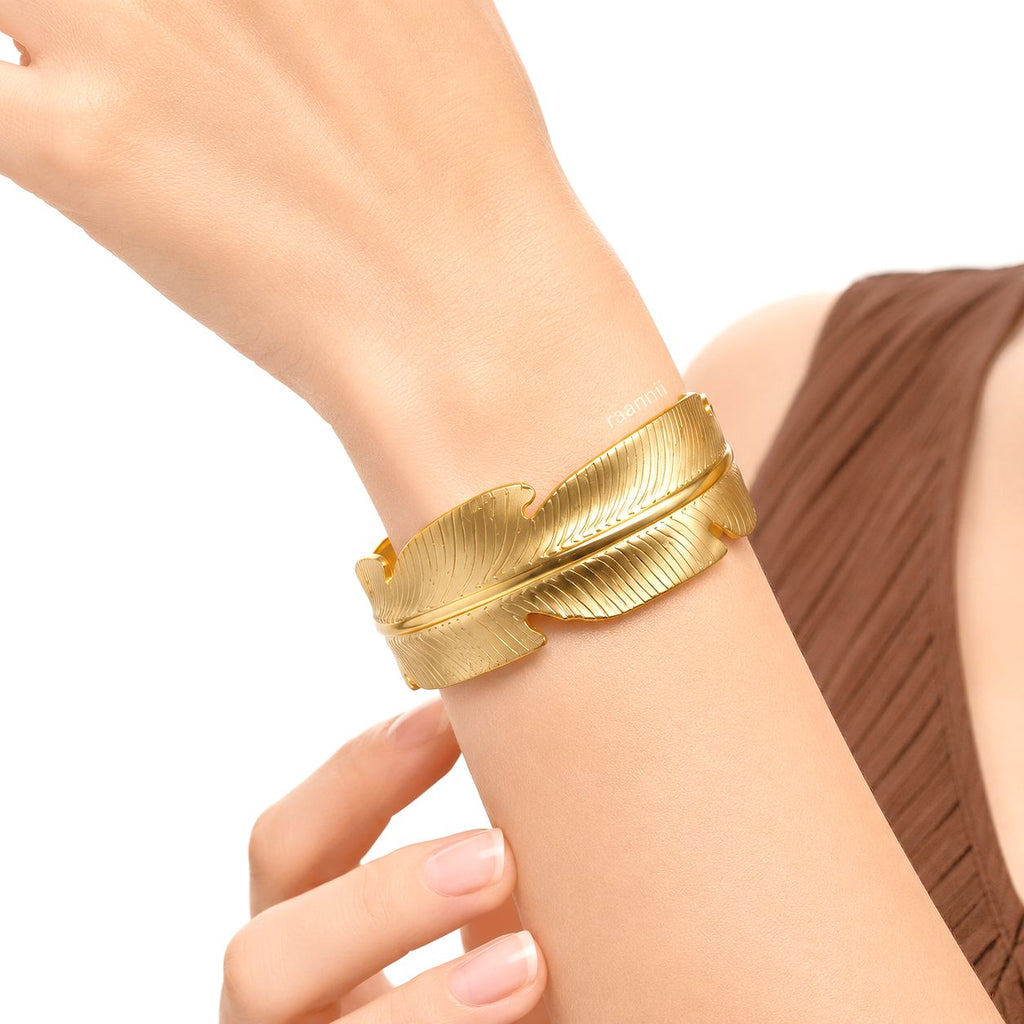 Raannii Bracelet - Gold Plated Feather Design Cuff Bracelet for Women
