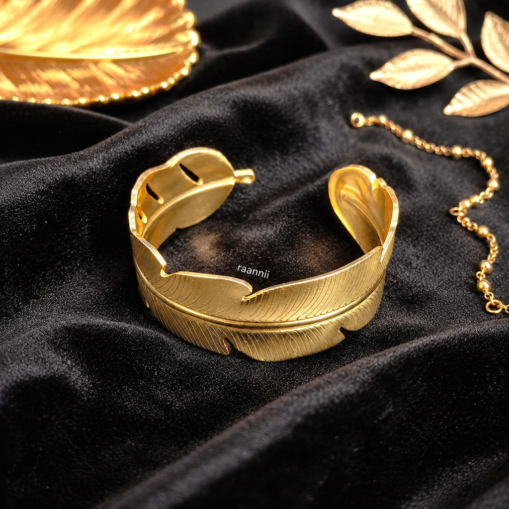 Raannii Bracelet - Gold Plated Feather Design Cuff Bracelet for Women