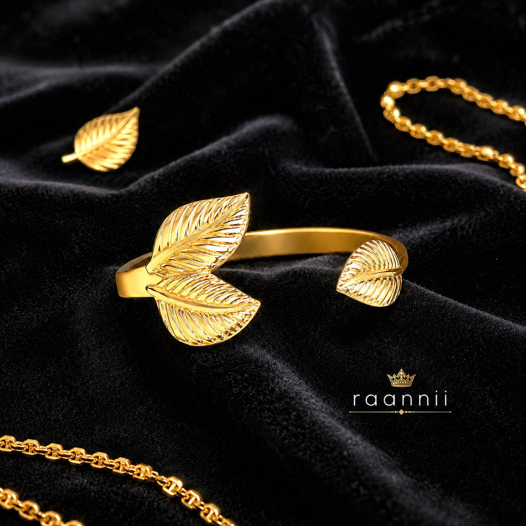 Raannii Bracelet - Gold Plated Leaf Design Open Cuff Bracelet for Women