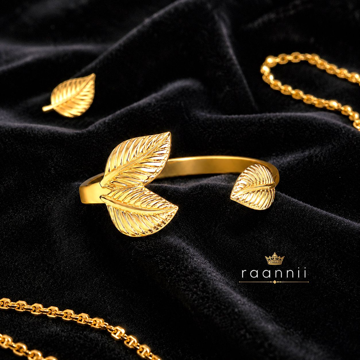 Raannii Bracelet - Gold Plated Leaf Design Open Cuff Bracelet for Women
