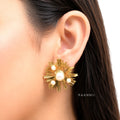 Raannii Earrings – Gold Plated Pearl Sunburst Statement Stud Earrings for Women