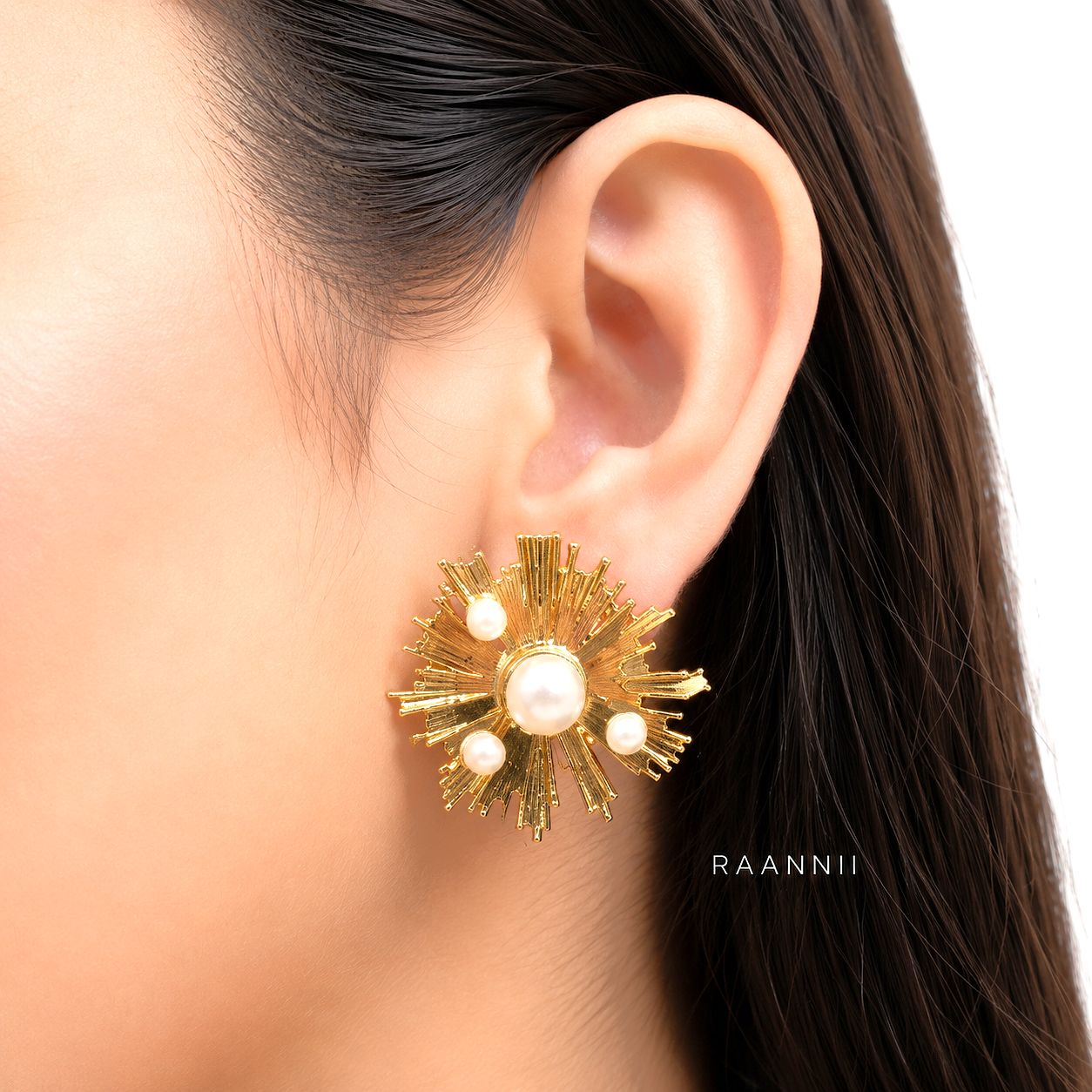 Raannii Earrings – Gold Plated Pearl Sunburst Statement Stud Earrings for Women