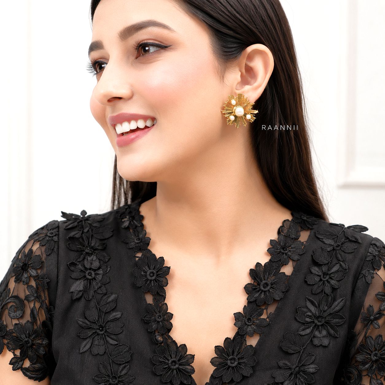 Raannii Earrings – Gold Plated Pearl Sunburst Statement Stud Earrings for Women