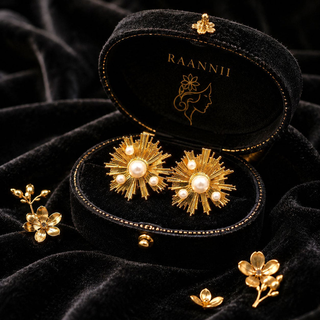Raannii Earrings – Gold Plated Pearl Sunburst Statement Stud Earrings for Women