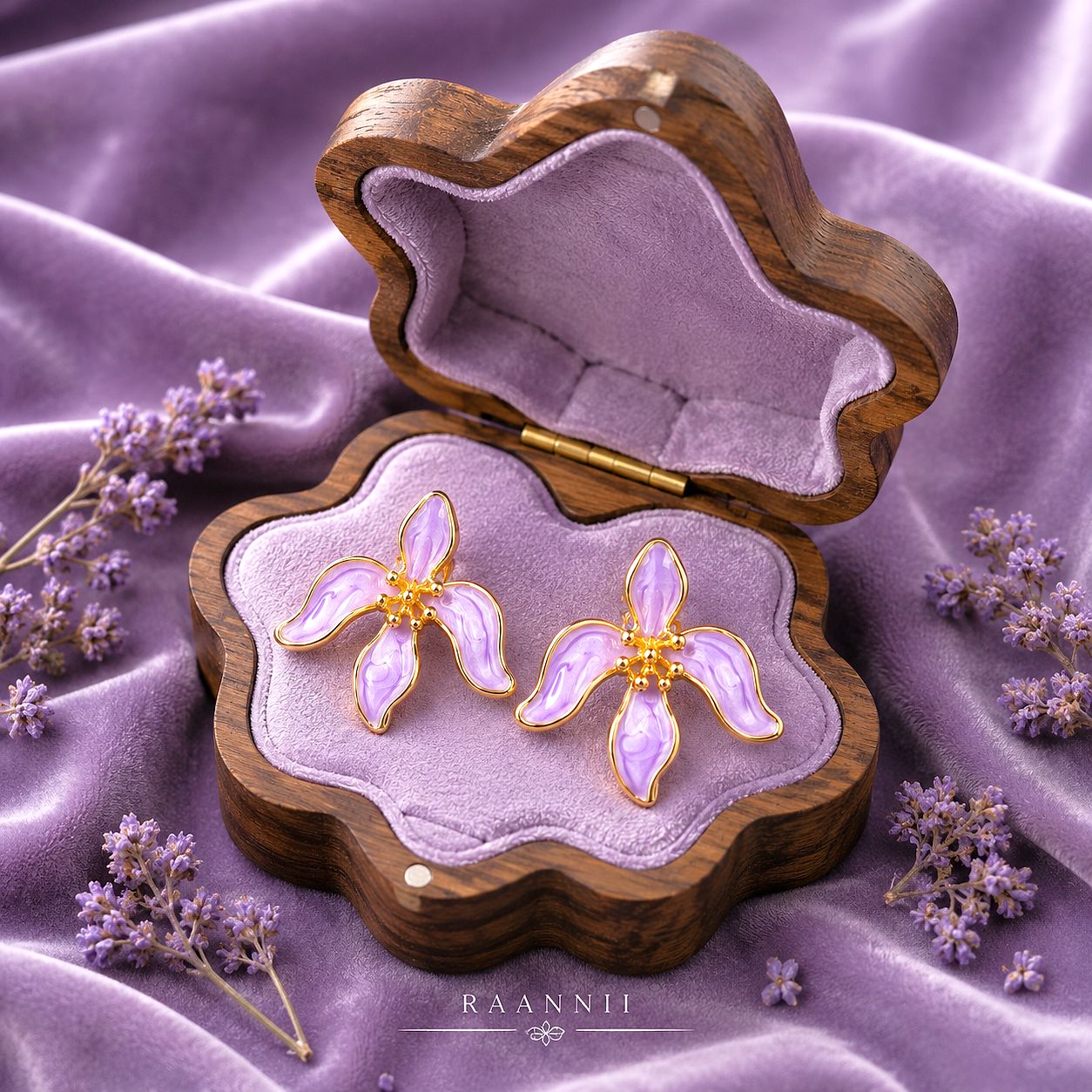 Raannii Earrings – Lavender Floral Gold Plated Statement Stud Earrings for Women