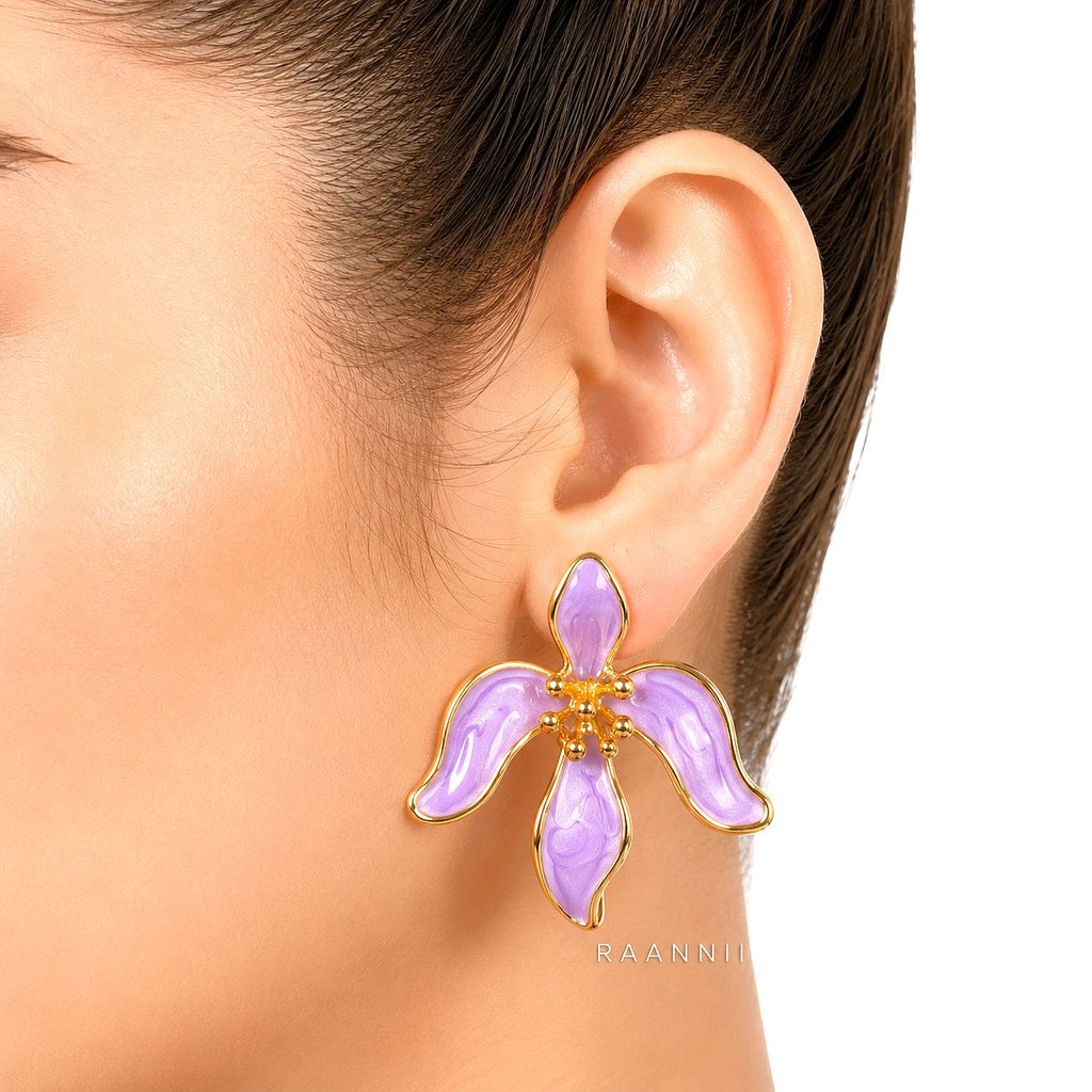 Raannii Earrings – Lavender Floral Gold Plated Statement Stud Earrings for Women