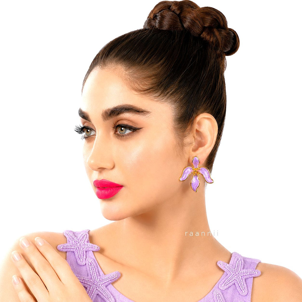 Raannii Earrings – Lavender Floral Gold Plated Statement Stud Earrings for Women